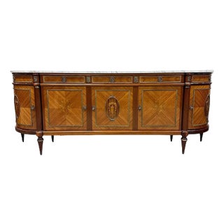 1910s Long French Louis XVI Demilune Mahogany Sideboard Carrera Marble Top For Sale
