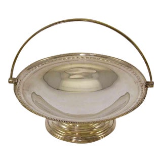 1970’s Vintage/New James Dixon & Sons Silverplate Cake Basket With Swinging Handle, Husk & Bead For Sale