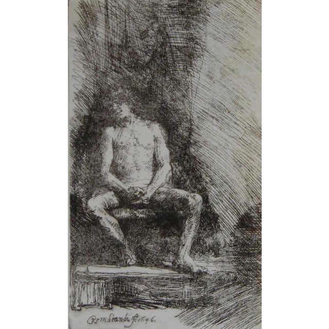 Rembrandt (Rembrandt van Rijn) (Dutch, Leiden 1606–1669 Amsterdam) Nude Man Seated Before a Curtain 1646 Etching printed...