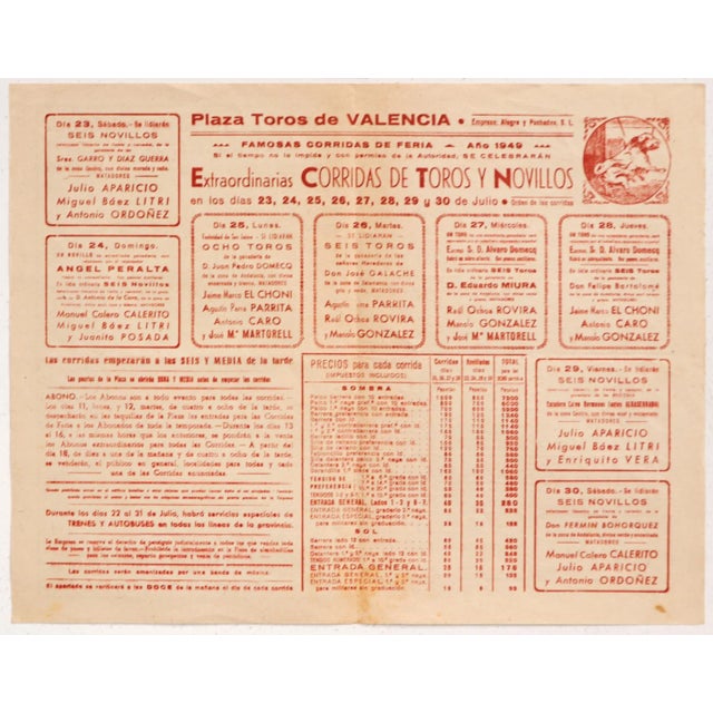 1930's Spanish Bullfighting Poster, Plaza De Toro, Valencia (Set of 4) For Sale - Image 10 of 12