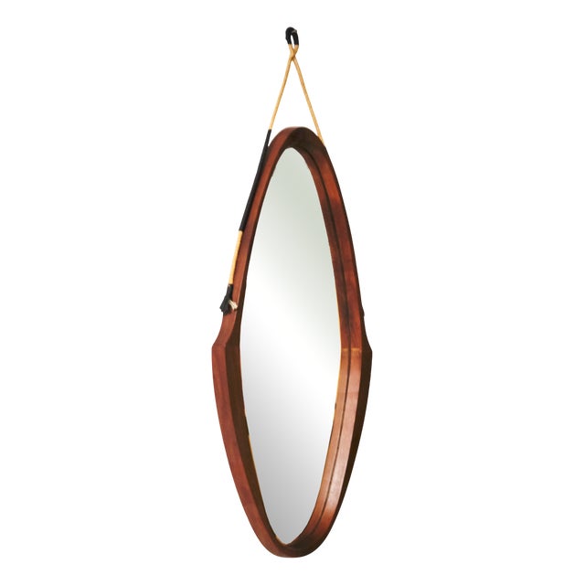 Vintage Oval Teak Mirror with Rope and Leather Details, 1950s For Sale