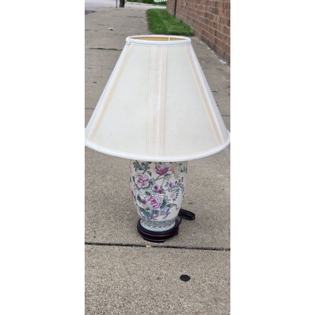 Ceramic Vintage Chinese Porcelain Floral Table Lamp With Hardwood Base & Pleated Shade For Sale - Image 7 of 12