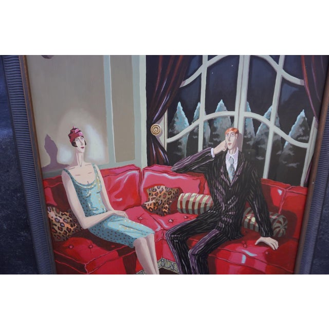 Art Deco Isabelle Rozot - Two Bright Young Things Having a Quiet Evening at Home... Alas! - Oil on Canvas For Sale - Image 3 of 8