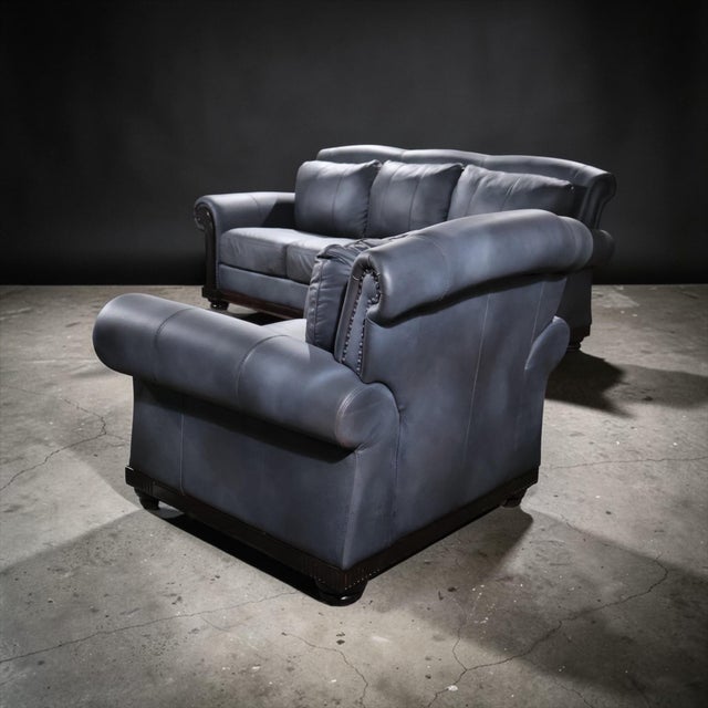 Restored Dark Charcoal Leather Sofa & Club Chair Set – Classic Rolled Arm Design For Sale - Image 4 of 11