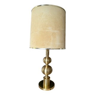 Vintage Boulanger Brass Table Lamp with Original Shade, France, 1970s For Sale