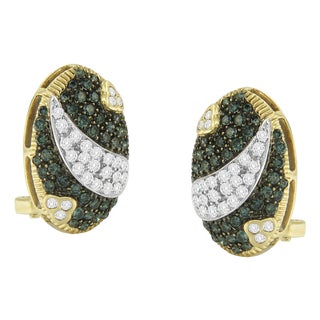 Black and White Rhodium over 14K Yellow Gold 2-1/10 Cttw White and Blue Diamond Oval Omega Back Stud Earrings (H-I and Blue Color, SI1-SI2 Clarity) For Sale