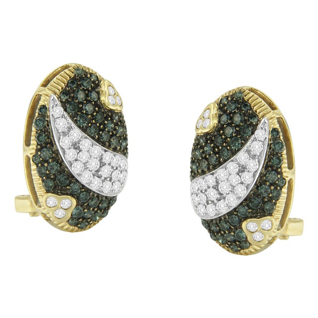 Black and White Rhodium over 14K Yellow Gold 2-1/10 Cttw White and Blue Diamond Oval Omega Back Stud Earrings (H-I and Blue Color, SI1-SI2 Clarity) For Sale