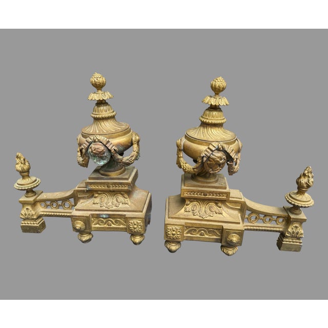 Pair of Antique French Bronze Fireplace Chenet Andirons With Maiden Heads For Sale - Image 6 of 10