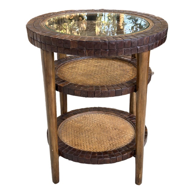 Rustic British Colonial Rattan Style 3 Tiered Round Side Table Attrib. To Maitland-Smith For Sale