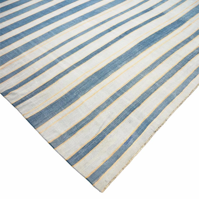 1950s Vintage Dhurrie Striped Square Rug in Blue, From Rug & Kilim For Sale - Image 5 of 6