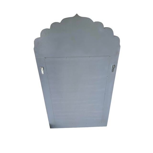 Gray Blue-Gray Floral Bone Inlay Mirror With Scalloped Arch – Indian Handcrafted Wall Mirror For Sale - Image 8 of 8