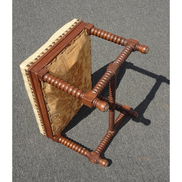 Vintage French Tan Floral Tapestry Bench Stool Decorative Nails & Bobbin Legs For Sale - Image 11 of 12