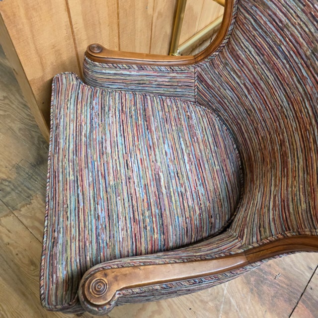 Louis XVI Revival Carved Walnut Fauteuil Armchair With Fluted Legs and Striped Upholstery, 20th Century For Sale - Image 10 of 11