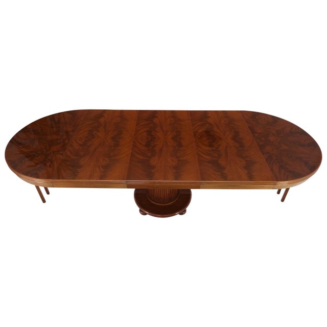 Burl Walnut Three Extension Boards Single Pedestal Round Dining Table For Sale - Image 13 of 13