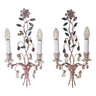 Wall Lights with Crystal Glass Flowers and Marbled Metal attributed to Maison Baguès, 1950s, Set of 2 For Sale
