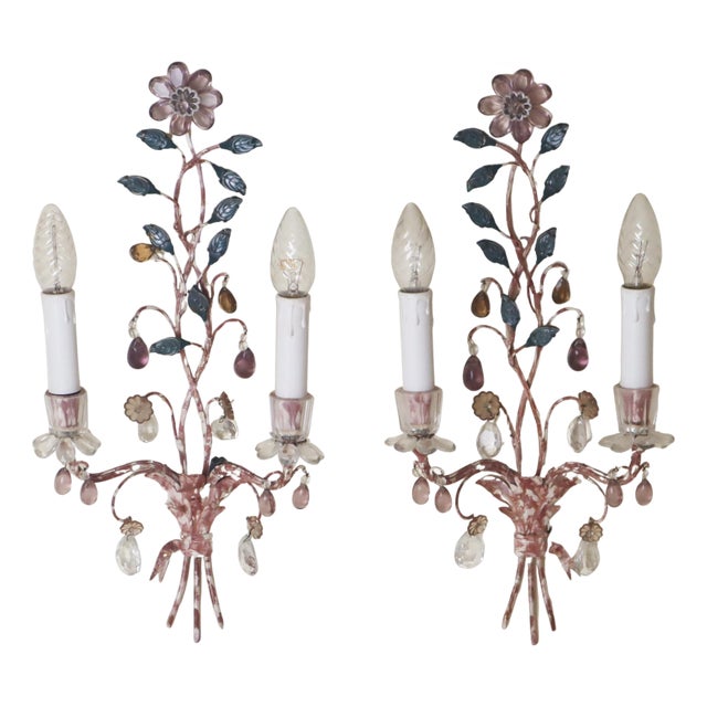 Wall Lights with Crystal Glass Flowers and Marbled Metal attributed to Maison Baguès, 1950s, Set of 2 For Sale