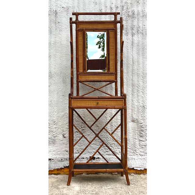 Vintage Regency Burnt Bamboo and Wicker Hall Tree | Chairish
