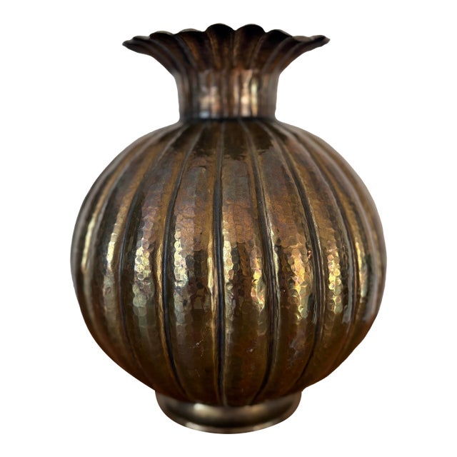 Egidio Casagrande Hammered Brass Ribbed “Pumpkin Form” Vase, Signed Italy Mid Century Modern For Sale