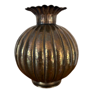 Egidio Casagrande Hammered Brass Ribbed “Pumpkin Form” Vase, Signed Italy Mid Century Modern