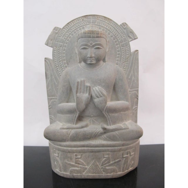 Stone Seated Dharmachakra Mudra Buddha Carved Stone Sarnah Style Meditation Sculpture For Sale - Image 7 of 7