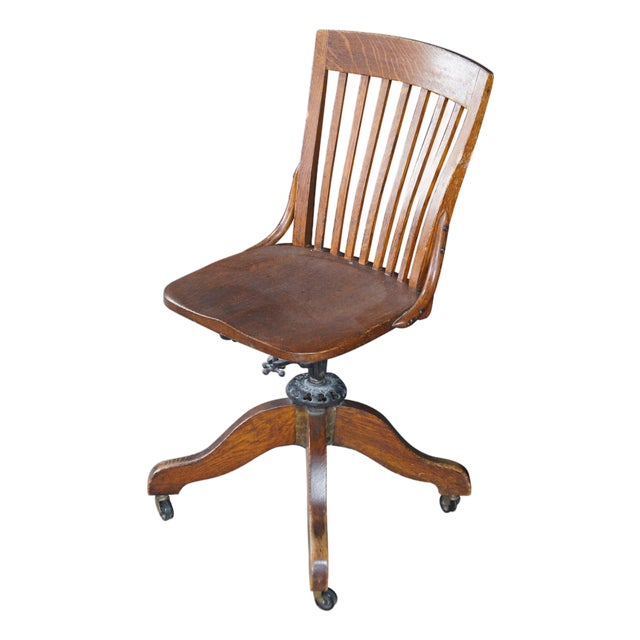 Antique Milwaukee Quartersawn Oak Adjustable Swivel Library Office Desk Chair For Sale