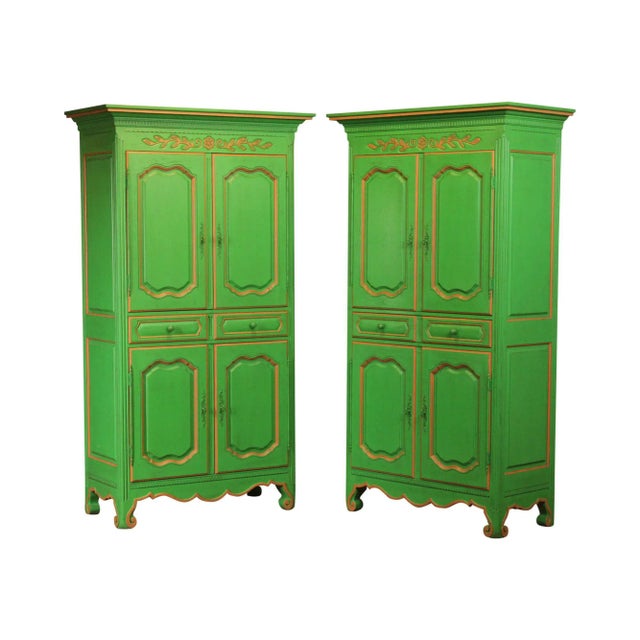 French Louis XV Style Custom Green Painted Large Armoires - A Pair For Sale - Image 13 of 13