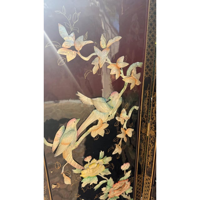 Late 20th Century Four-Panel Asian Lacquer Screen With Mother-of-Pearl Inlay, 72” H For Sale - Image 14 of 18