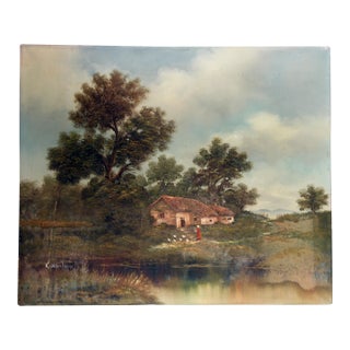 1950s Countryside Pastoral Landscape Painting For Sale