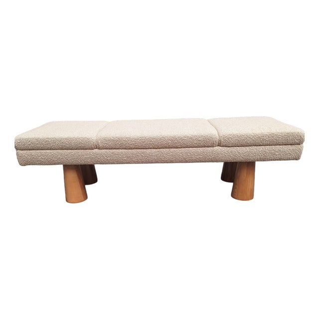 Bench with White Teddy Bear Bouclé Fabric and Conical Wooden Legs, 1990s For Sale