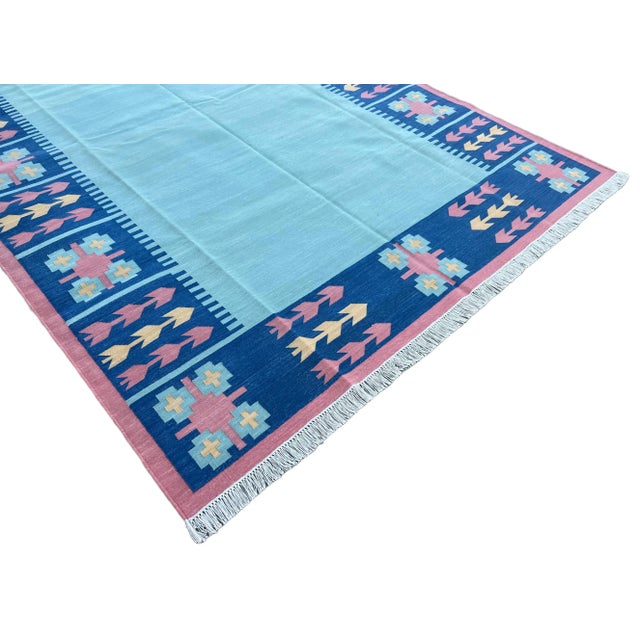 Not Yet Made - Made To Order Not Yet Made - Made To Order Handmade Cotton Natural Vegetable Dyed Reversible Green Blue Pink Leaf Pattern Rug Dhurrie - 9'x12' For Sale - Image 5 of 11