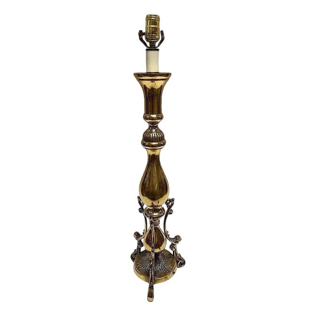 1970s Large Queen Anne Brass Patinaed Candle Stick Table Lamp For Sale