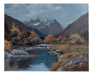 Mountain River Landscape, Oil Painting, Framed