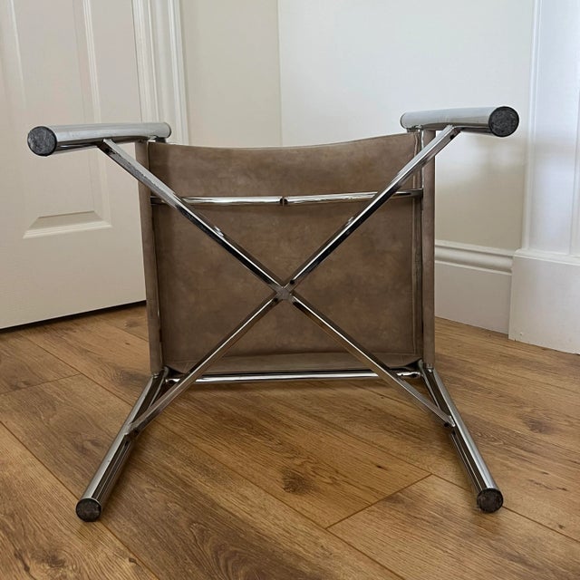 Metal Vintage Maison Jansen Style, Campaign Pace Director Arm Chair, Suede Leather Chrome and Brass For Sale - Image 7 of 11