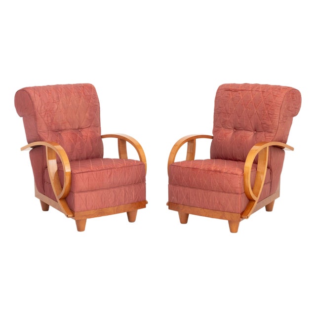 Pair of Art Deco Vintage Silk Upholstered Bentwood Armchairs For Sale