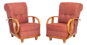 Pair of Art Deco Vintage Silk Upholstered Bentwood Armchairs