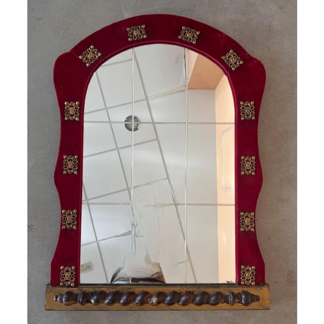 Red Spanish Neoclassical Wall Mirror with Antique Red Velvet Frame with bronze For Sale - Image 8 of 18