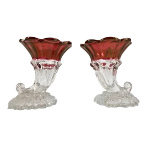 Large Vintage Cornucopia Cranberry Red Vases - a Pair