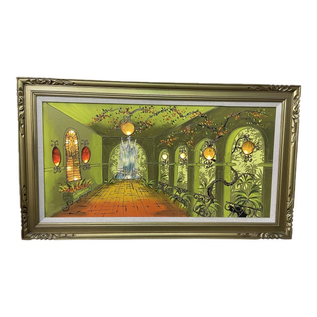 Light-Up Mid-Century Illuminated Courtyard Oil Painting For Sale