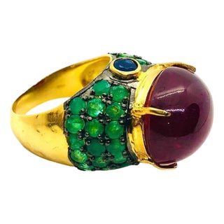 Bochic “Orient” Vintage Blue Sapphire, Ruby & Emerald Ring 18K Gold & Silver For Sale