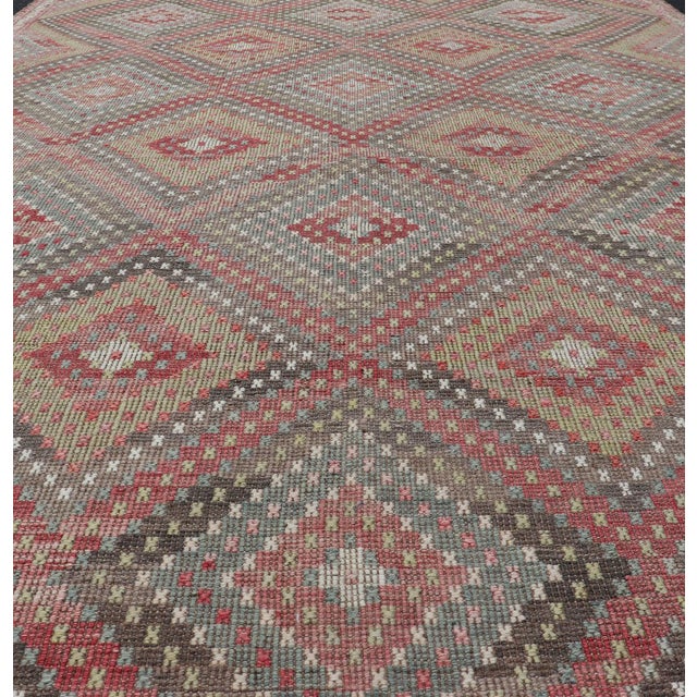 Textile Vintage Turkish Kilim Rug in Red, Beige, and Olive Diamond Pattern 7'1 X 11'0 For Sale - Image 7 of 13