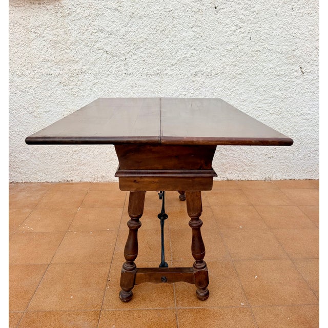 1940s Spanish Carved Wood Drop-Leaf Table With Iron Stretcher For Sale - Image 10 of 12