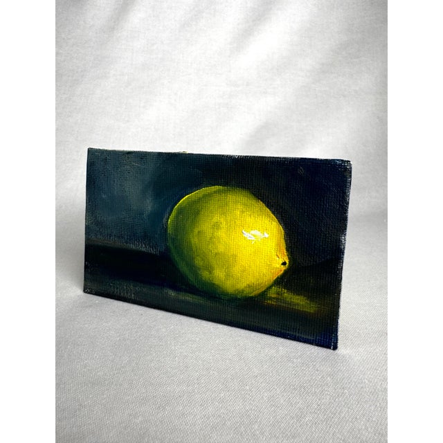 Early 21st Century Vintage Traditional Dutch Sill Life ‘Lemon’ Small Original Oil Painting in Ink Blue, Yellow, Dark Green For Sale - Image 5 of 11