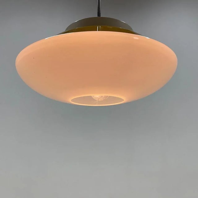 Metal Mid-Century Milk Glass & Metal Ufo Pendant, Czechoslovakia, 1970s For Sale - Image 7 of 11