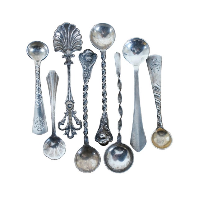Traditional Antique Assorted Twisted Sterling Silver Salt Mustard Spoons 25g- Set of 8 For Sale - Image 3 of 12