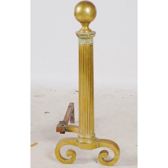 Traditional 1920s Monumental Neoclassical Revival Brass Column Andirons With Ball Finials, Pair For Sale - Image 3 of 4