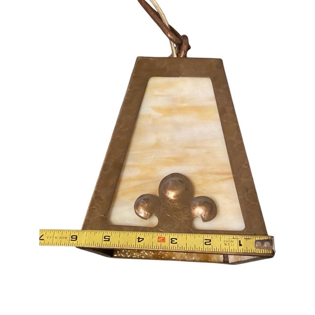 Vintage Arts & Crafts Hammered Metal & Stained Glass Light Pendant For Sale - Image 9 of 10