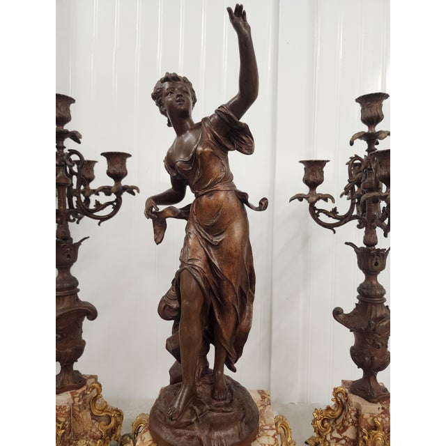 Late 19th Century Fabulous French Bronze Trio Antique Clock and 2 Candelabras For Sale - Image 5 of 10