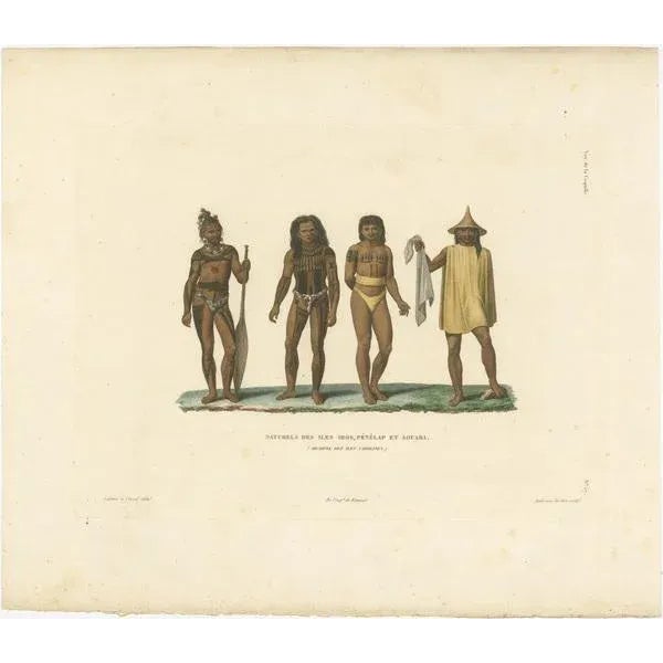 Antique print titled 'Naturels des Iles Iros, Pénélap et Aouara'. Original old print of men from the Caroline Islands,...