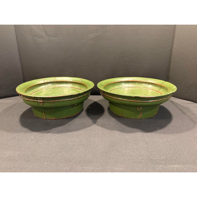 Vintage Wooden Asian Decorative Bowls in Avocado Green - A Pair For Sale - Image 4 of 9