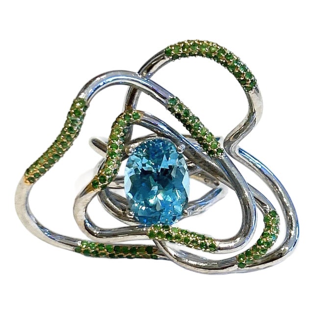 Bochic “Orient” Vintage Blue Topaz & Emeralds Ring Set 18K Gold & Silver For Sale